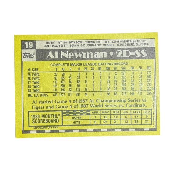 1990 al newman minnesota twins topps baseball card # 19 - Picture 2 of 5